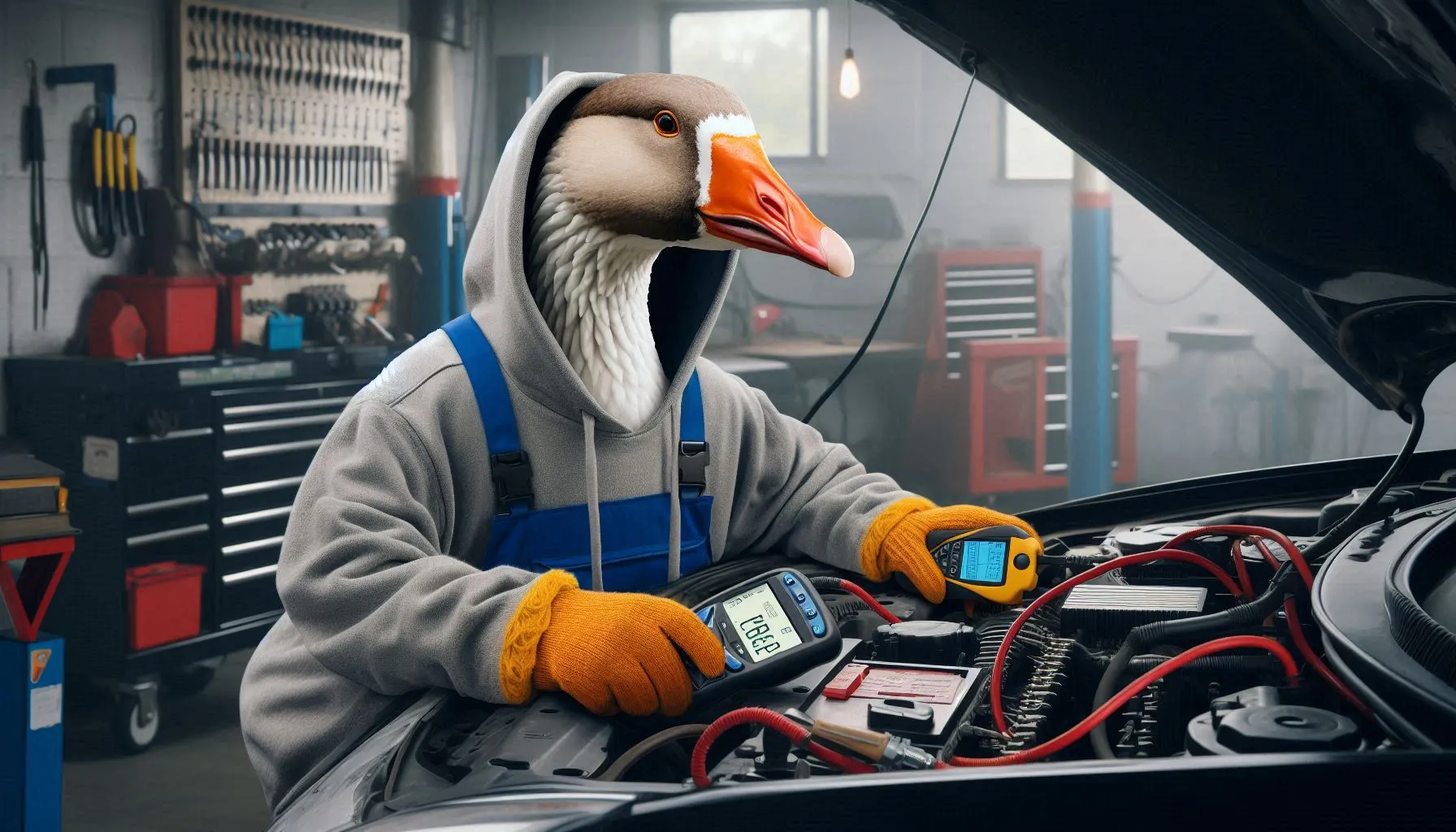 Anthropomorphic Goose Performing Maintenence on Car