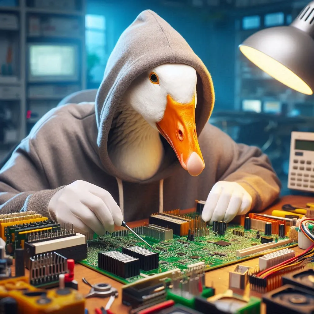 Anthropomorphic Goose Solding a PCB